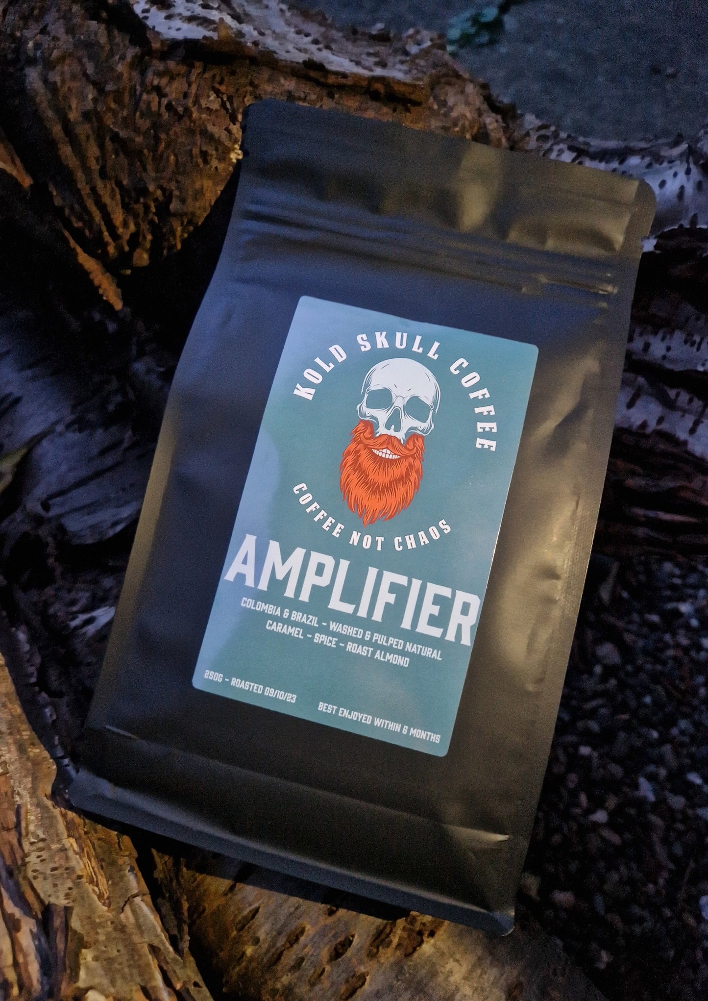 Kold Skull Coffee Amplifier medium roast Columbia Brazil specialty coffee caramel spice almond ginger beard barber easy simple ground beans