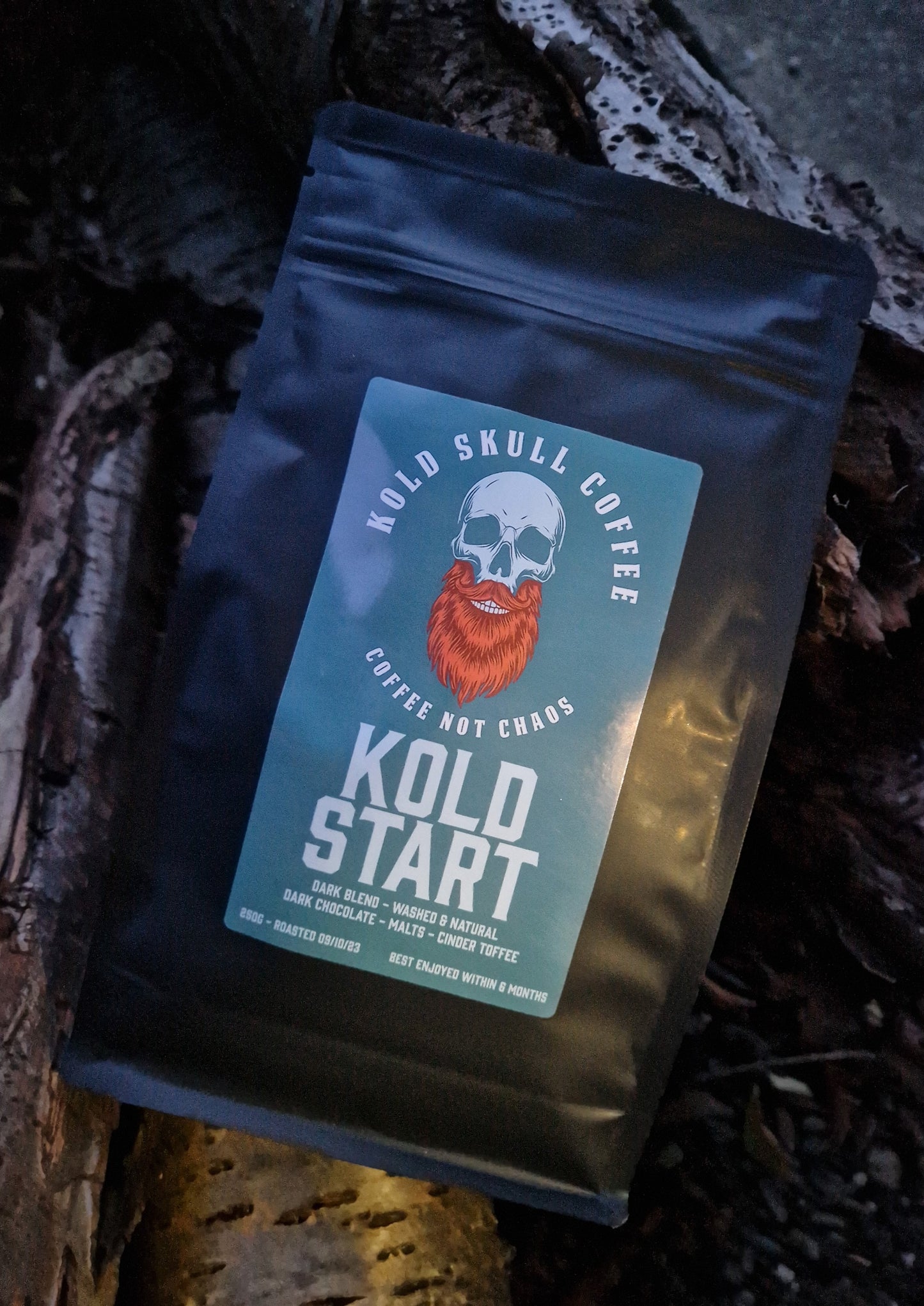 Kold Skull Coffee Kold Start dark roast specialty coffee chocolate malts cinder toffee ginger beard barber easy simple ground beans