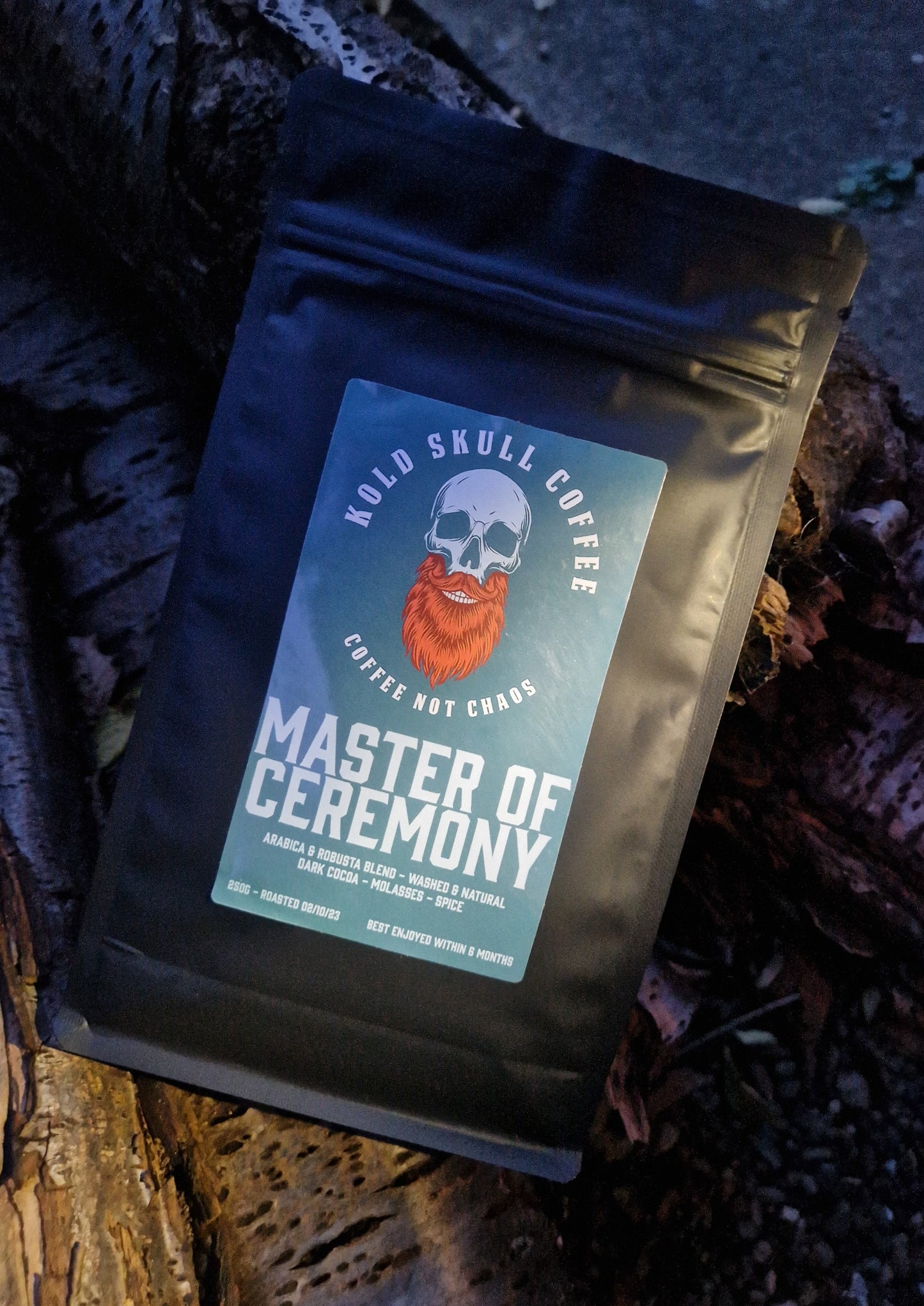 Kold Skull Coffee Master Of Ceremony Arabica Robusta medium dark roast specialty coffee cocoa molasses spice ginger beard barber easy simple ground beans